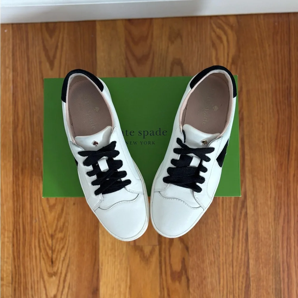kate spade White Leather Sneakers with Black Spade Detail - Picture 4 of 12